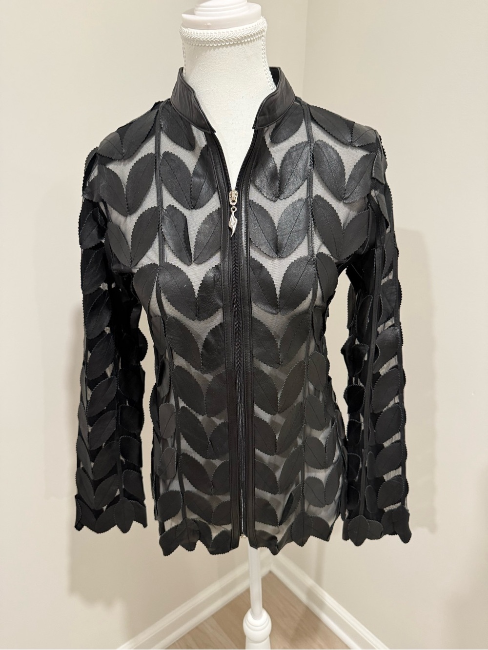Black Leaf-Appliqué Sheer Zip Jacket